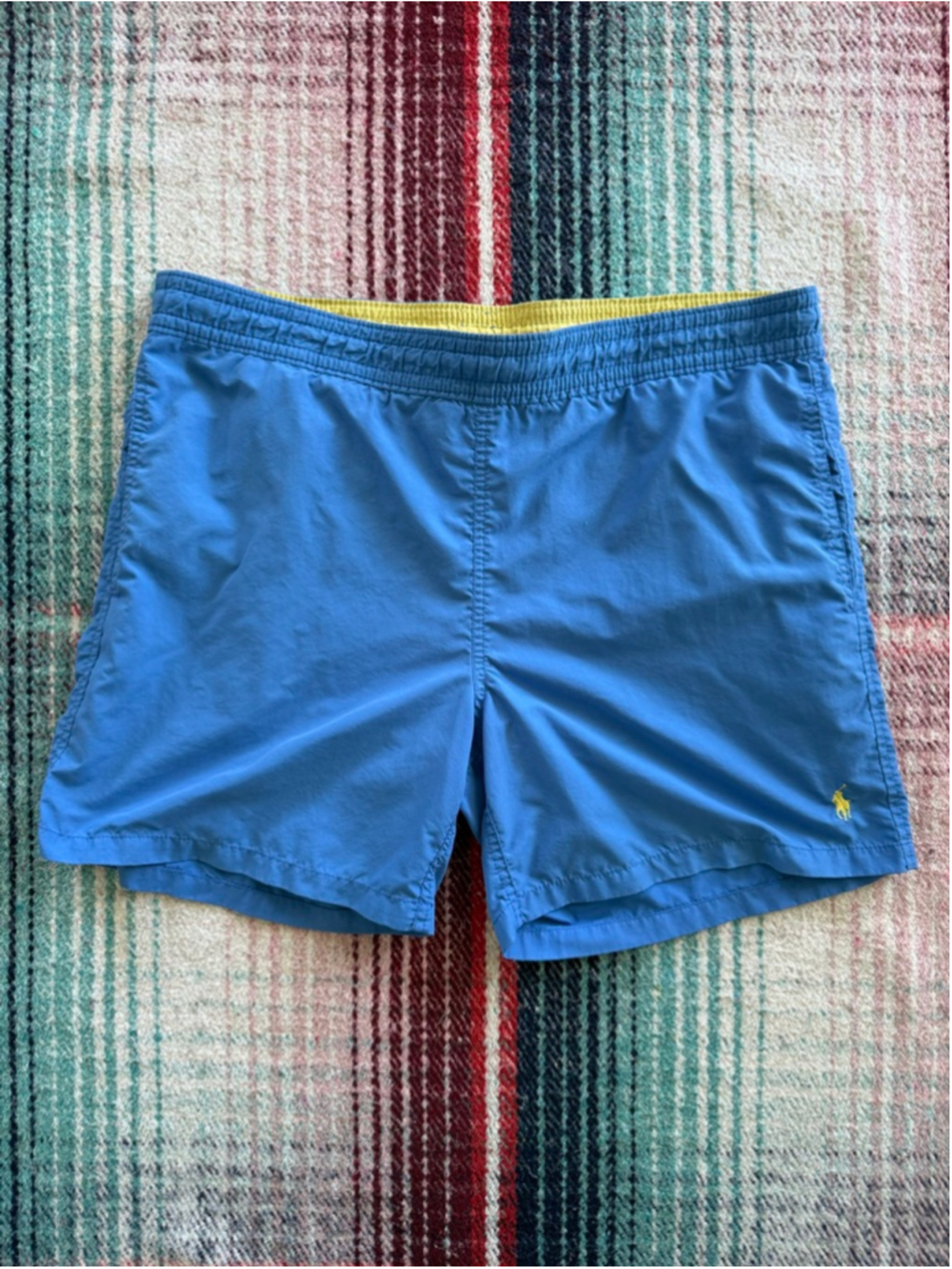 Vintage Polo Ralph Lauren Blue Swim Trunks M with Yellow Waistband